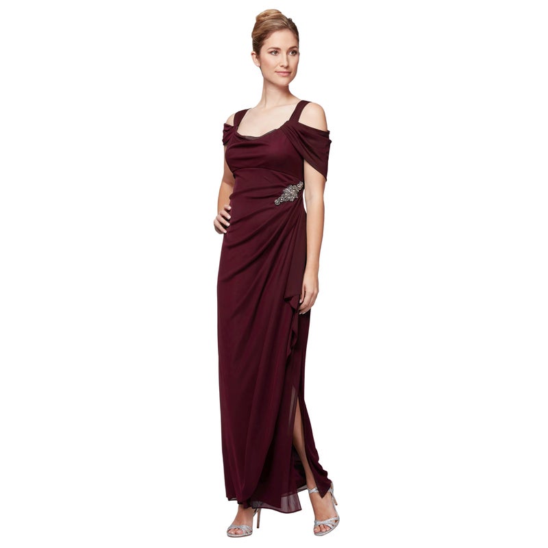 Alex Evenings Women's Long Cold Shoulder Mother of The Bride Dress with Beaded Detail at Hip, (Petite and Regular Sizes), Beaded Wine, 14P - Image 1